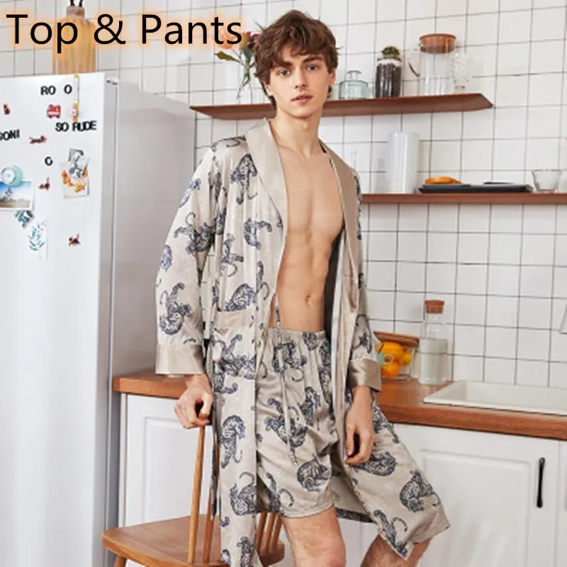 SAMWESTART Men's Stain Silk Pajamas Robe Sets Long Sleeve Short Pants Nightwear Gray Wine Red Loungewear Home Leisure Nightgrown