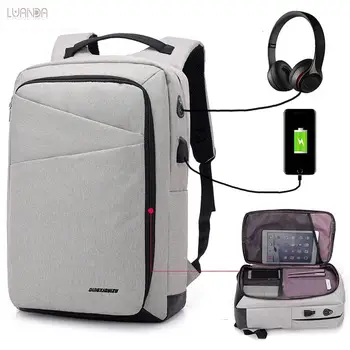 

15.6 Inch USB Charging Business Laptop Man's Anti-theft With Headphone Casual Canvas Gray Men Student Backpack Drop Shipping