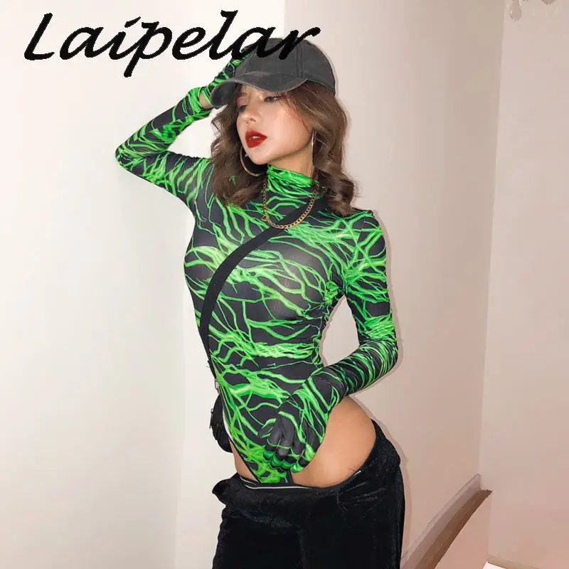Laipelar, с принтом молнии, Женское боди, с длинным рукавом, перчатки, бодикон, сексуальная водолазка, уличная одежда, осень, Witner Cothes, клубная одежда