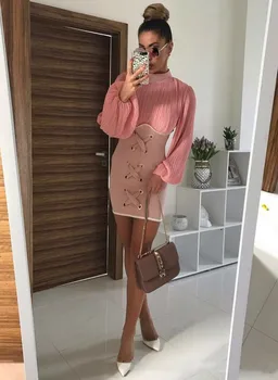 

BGW High Neck Jersey Mini Pink Cocktail Dresses Ling Sleeves Zipper Back Robe De Cocktail Courte Rouge 2019
