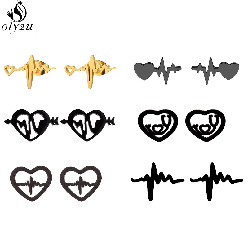 

Oly2u Stainless Steel Heartbeat Stud Earrings Black ECG Induction Medical Jewelry for Women Doctor Minimalist Jewelry Earings