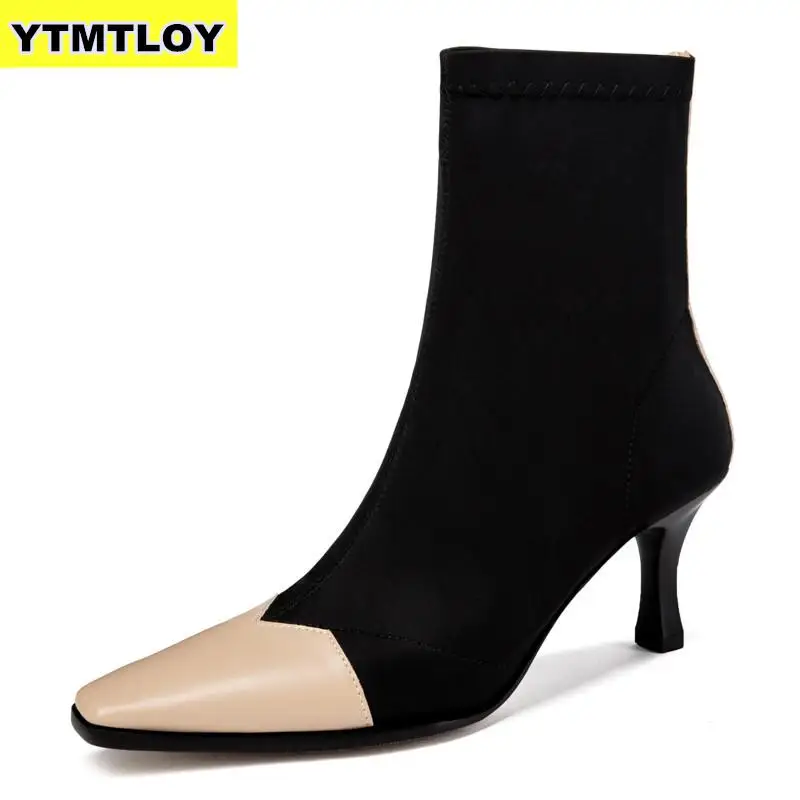 

Shoes Woman Short Boots Length Square Mid Heels Toe Flock Ankle Autumn Winter Warm Plush Slip On Snow Black Boots Botas Mujer