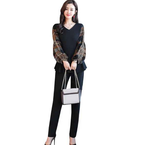 Xl-5xl Black Plaid 2 Piece Set Women Plus Size Lantern Sleeve Tops And Pants Sets Suits Spring Autumn Office Women's DG145 | Женская