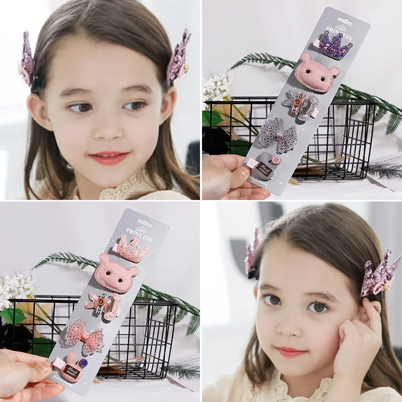 5 Pcs/Set Barrettes for Girls Korea Cotton Cartoon Hair Clips Glitter Crown Hair Bows for Baby Girls Hair Accessories