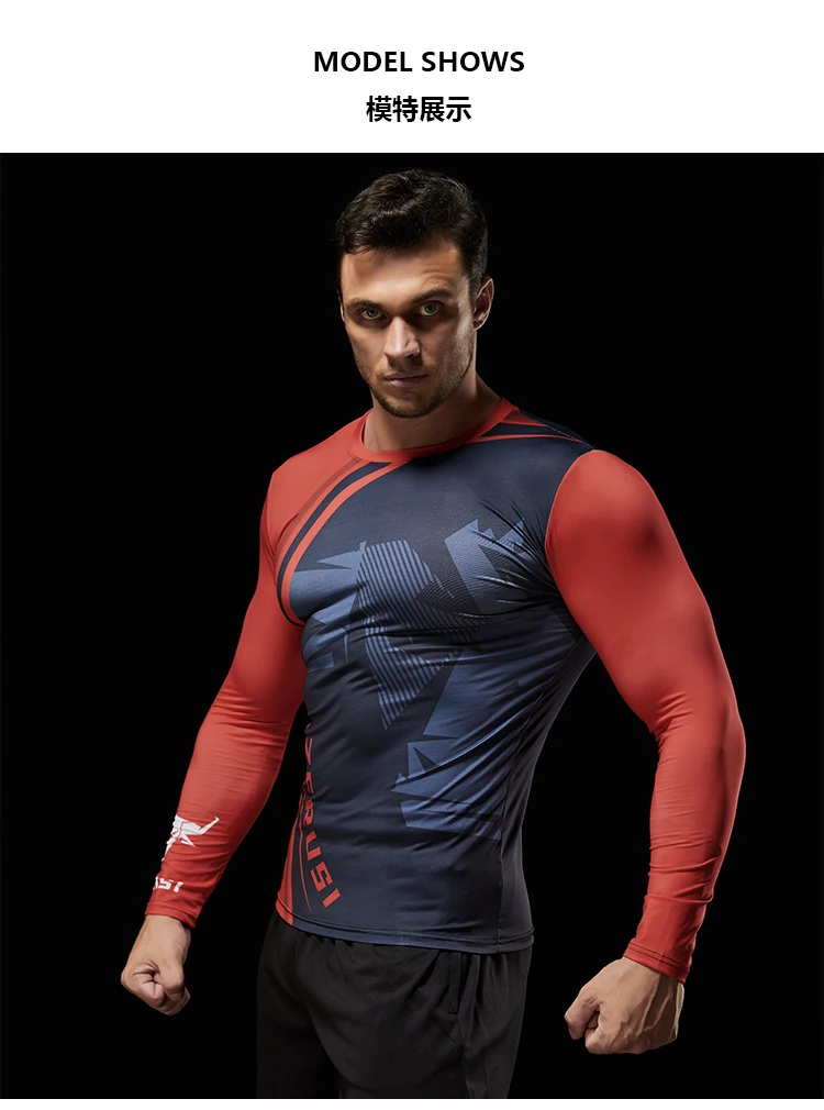 Langärmliges 3D-gedrucktes Kompressions-T-Shirt für Herren, schnell trocknende T-Shirts für Fitnessstudio, Fahrradbekleidung – Detail 8