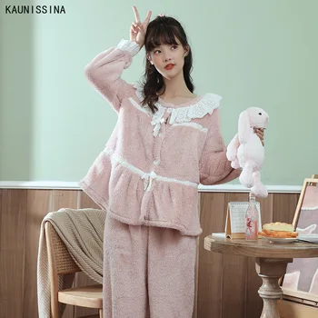 

Winter Coral Velvet Women Pajamas Long Sleeve Tops Two Piece Set Sleepwear Korean Cute Student Girls Pijamas Female Lounge Wear