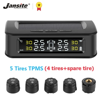 

Jansite TPMS Car 5 Tire sensors Pressure Alarm Monitor System Display Solar charge pressure control Warning with Externa sensors