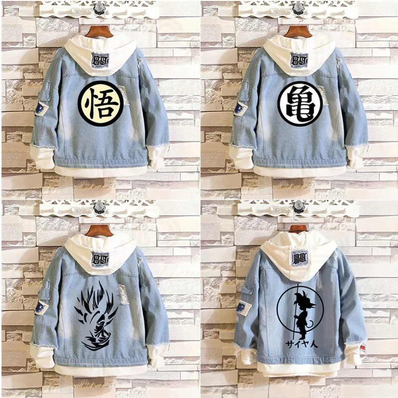 

Anime Dragon Ball Denim Hoodie Son Goku Jeans Coat Autumn Winter for Men Women Hip Hop Ripped Cosplay Jacket