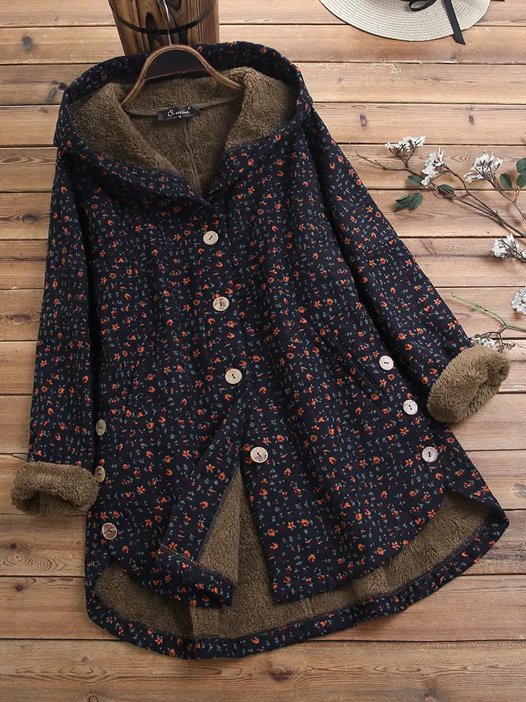 Navy floral Зимнее женское пальто в винтажном стиле в клетку с длинным рукавом, теплые толстые парки размера плюс 5XL, пальто с капюшоном на пуговицах, женская зимняя куртка - Цвет: Navy floral