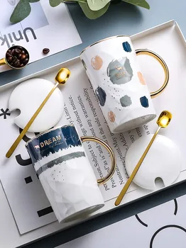 

Creative Nordic Ceramic Cup Gift Box INS Personality Coffee Mug with Lid Spoon 450ml Household Breakfast Milk Mugs Office Teacup