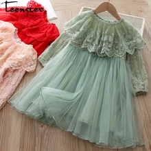 Модное весеннее платье с длинными рукавами для девочек, Модное детское платье-пачка принцессы вечерние бальные платья для детей, кружевное платье для малышей Прямая поставка
