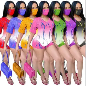 

Tracksuit Gradient Tie Dye Women Two Piece Set with Mask Fitness V-neck Tops Biker Shorts Jogger Pants Suit Outfits Matching Set