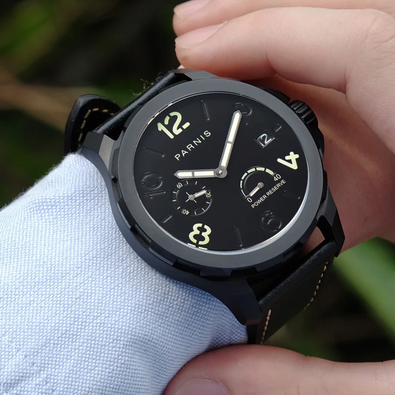 

New Parnis 44mm Men's Watch Automatic Mechanical Power Reserve Watches Luminous Sapphire 5Bar Waterproof Leather Men Clock 2023