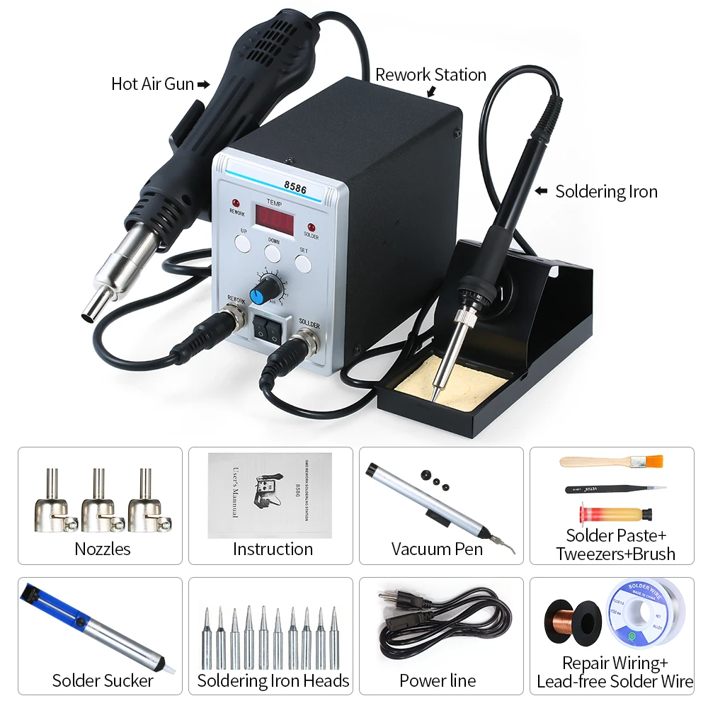 

8586 BGA SMD Rework Solder Station 750W 2 In 1 Digital ESD Hot Air Gun Soldering Iron Station For Welding Repair Tools kit