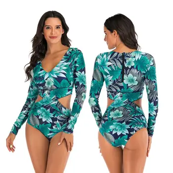 

summer Women Long Sleeve Zipper Rashguard One-piece Swimsuit leaf print Swimwear Surfing Rash Guard UPF50+Diving Swimming Suit