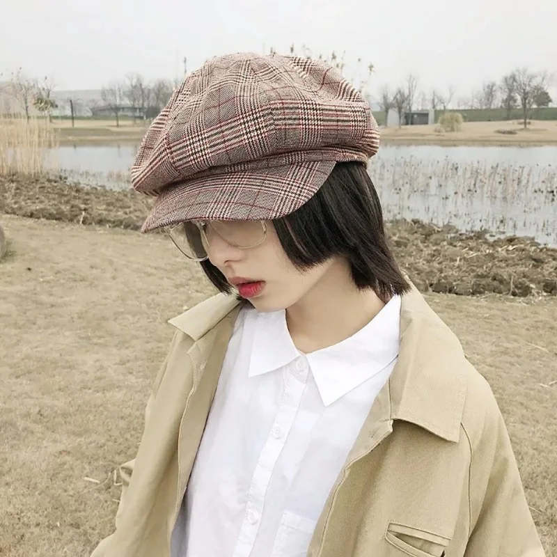 British Retro Lattice Octagonal Cap Painter Hat Bucket Hats Men Women Hunting Fishing Outdoor Cap Fisherman Climbing Hat