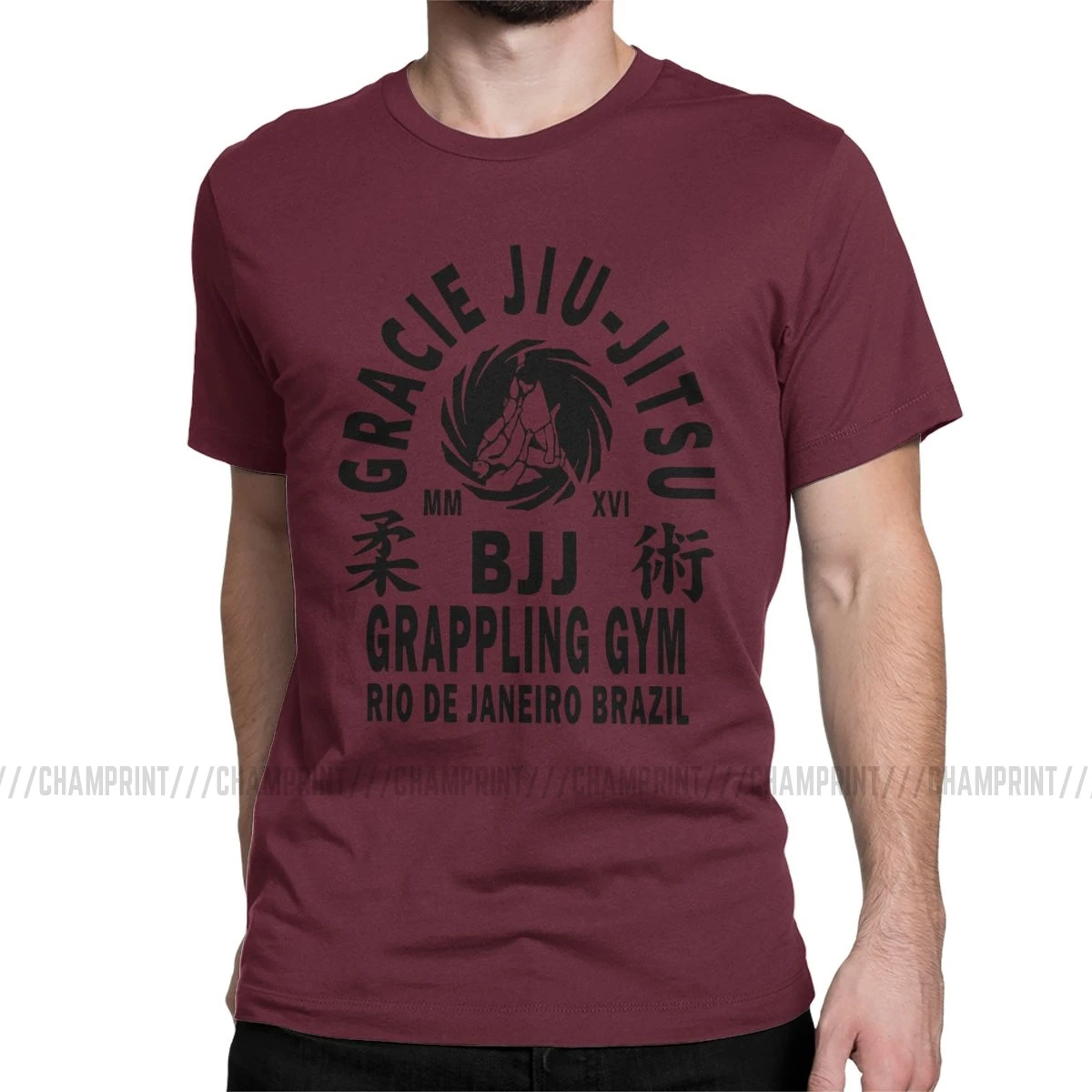 Gracie Jiu футболка с надписью jitsu мужские хлопковые футболки айкидо каратэ муайтай Страйк кунг-фу бой дзюдо короткий рукав Футболка размера плюс Топы - Цвет: Бургундия