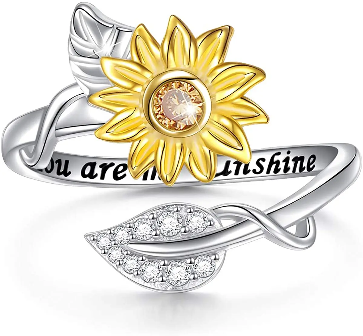 Женское кольцо с подсолнухом You are My Sunshine регулируемое кубическим цирконием в