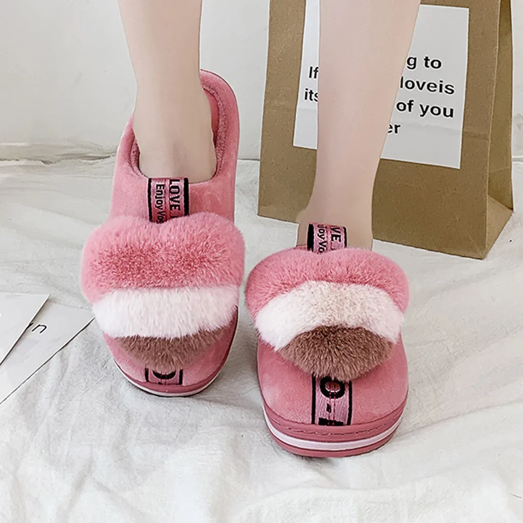 Cute Heart Fur Slides Women Winter Furry Slippers Ladies Warm Indoor Shoes Soft Plush Lovely Female Thermal Home Slippers#YL5