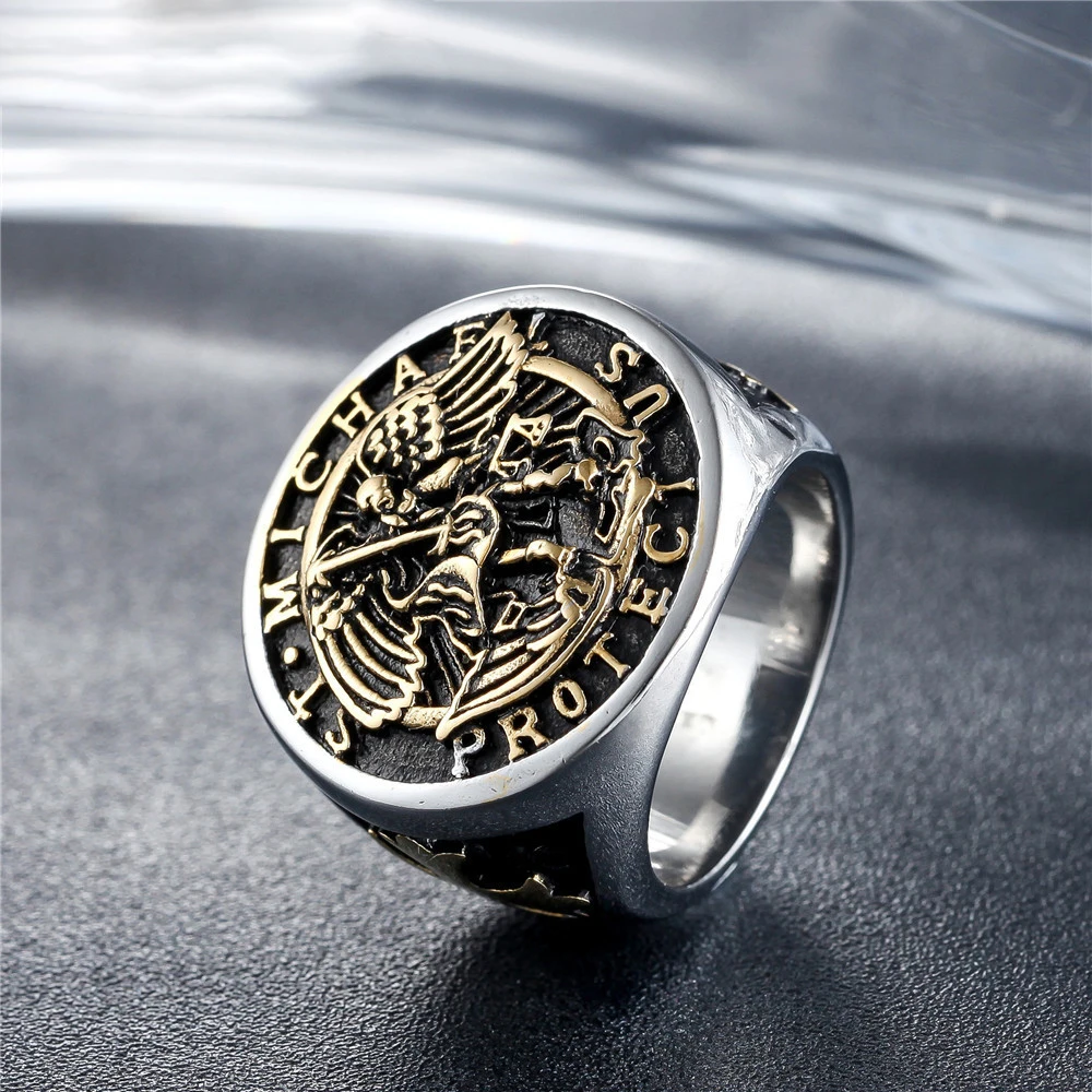 Новые трендовые кольца из нержавеющей стали St Michael 316L archangel michael man оптовая продажа