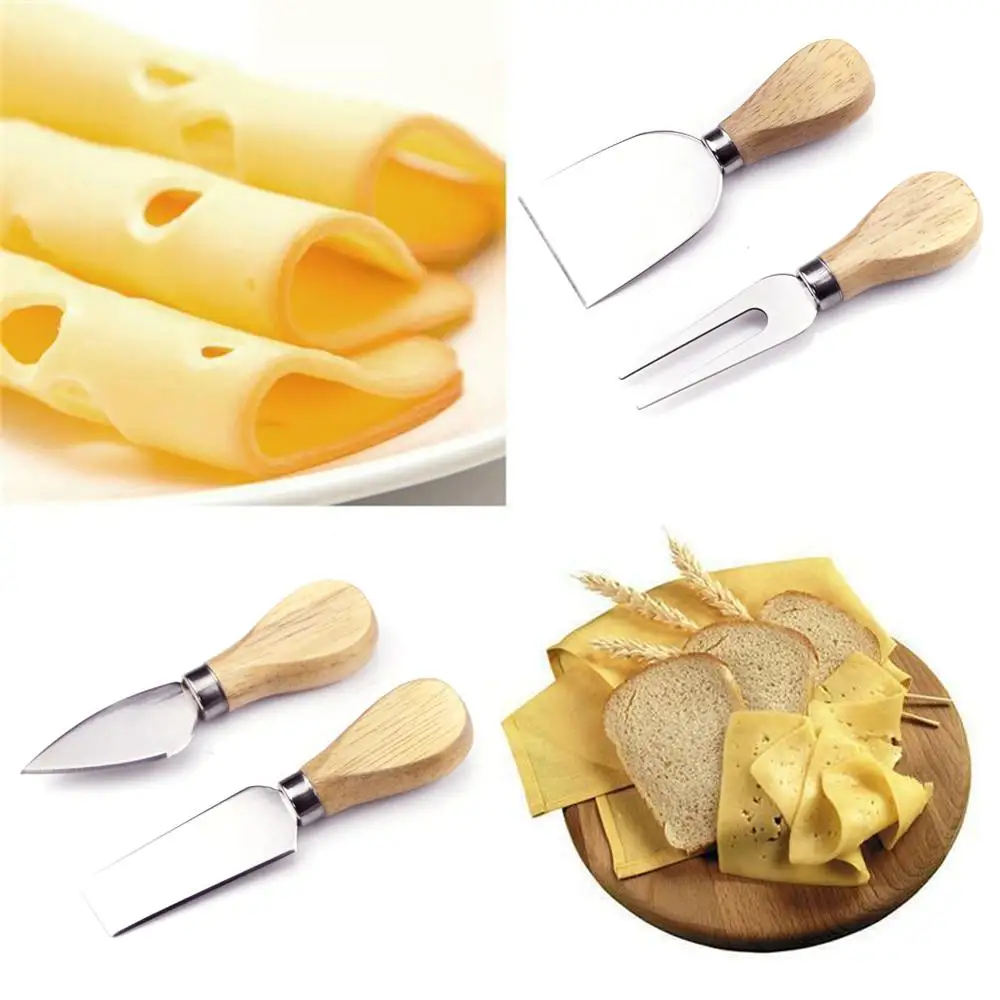 

4pcs Stainless Kitchenware Oak Wood Handle Cheese Butter Blade Fork Knives Set