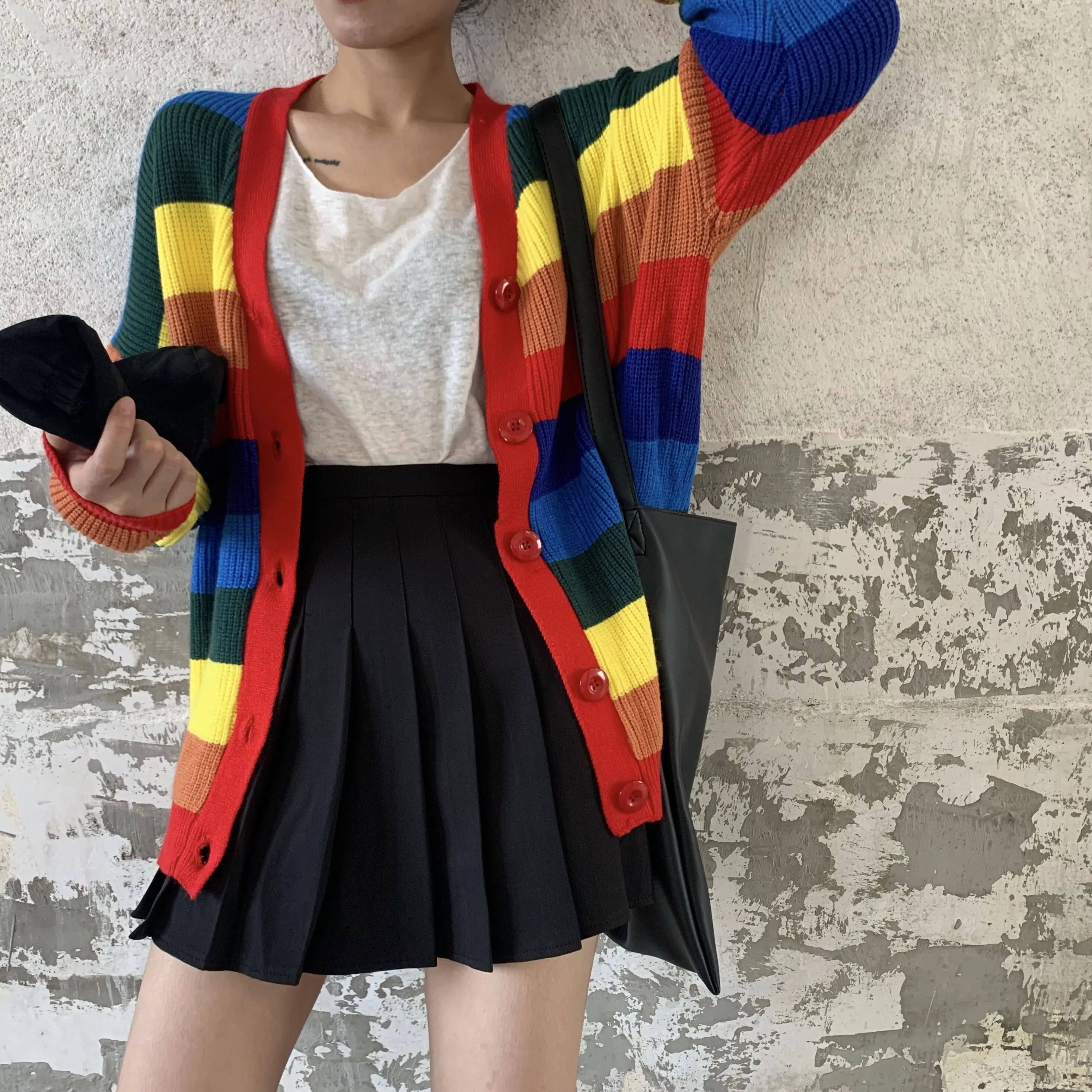 Neploe Pull Femme свободного покроя в полоску цветов радуги Трикотажный Кардиган с длинным рукавом Свитер с V-образным вырезом пальто осень Для женщин средней длины куртка-джемпер 54393