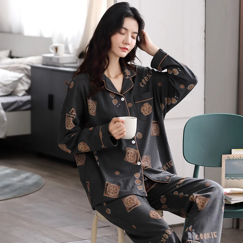 

BZEL Casual Cookies Pattern Sleepwear Black Cotton Pajamas Set Comfortable Home Colthes For Women Large Size Pyjamas New Pijamas