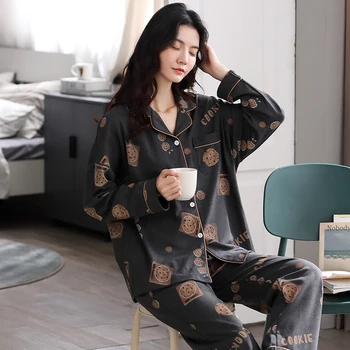 

BZEL Casual Cookies Pattern Sleepwear Black Cotton Pajamas Set Comfortable Home Colthes For Women Large Size Pyjamas New Pijamas