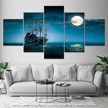 

Full square, round, diamond cross stitch 5 pieces of boat on the sea, night sky Rhinestone embroidery home decor puzzle GG1734
