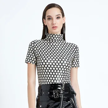 

Autumn new high collar short sleeve T-shirt women's high-end westernized top slim bottom