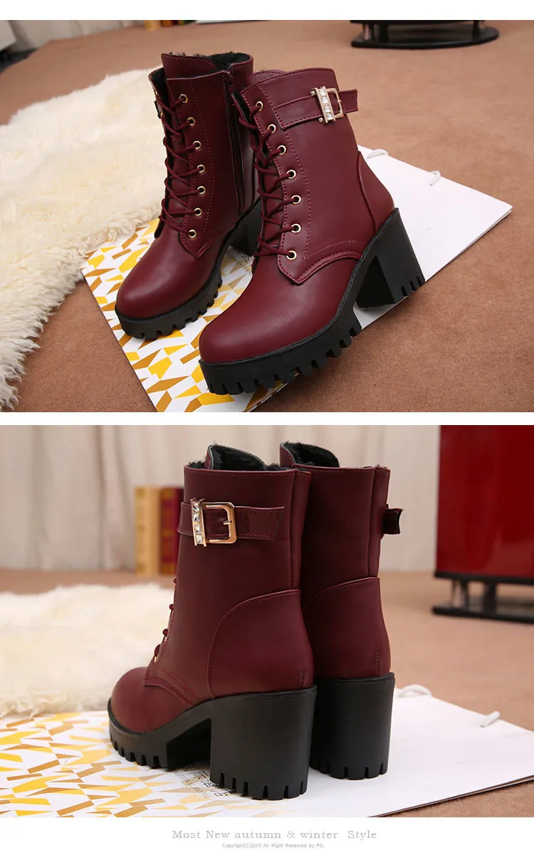 Fashion Women Leather Autumn Winter Round Toe High Heels Shoes Female Lace-Up Black Platform Ankle Boots Platform Boots Gothic