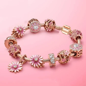 

Couqcy 2020 Springtime New Style Pink Daisies Beads Charms Fit Original Pan Charms Bracelet Jewelry For Women DIY Making Style