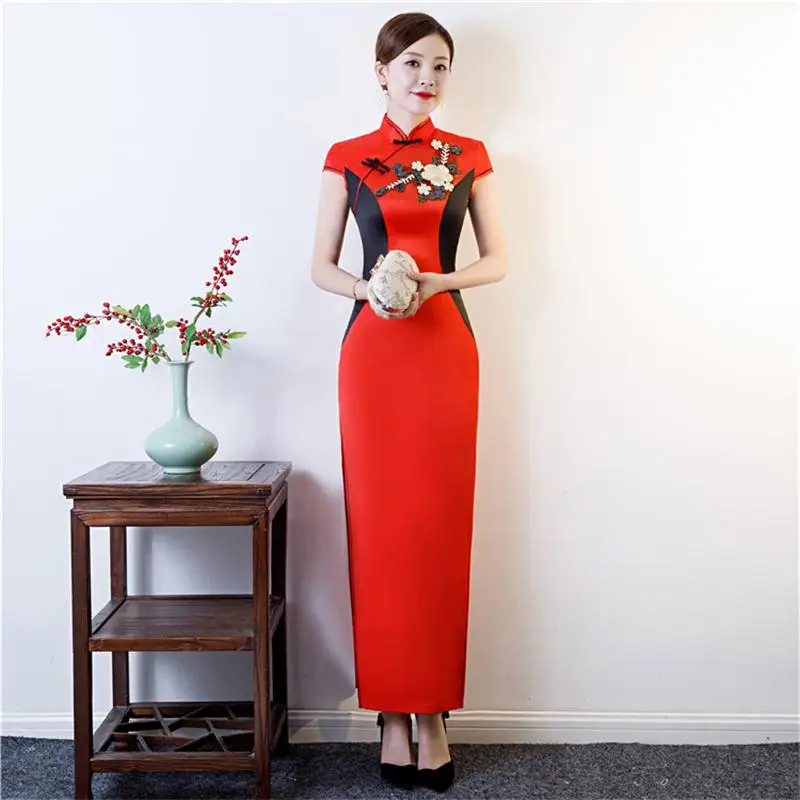 red Модные вечерние Cheongsam Восточное вечернее платье в китайском стиле женское элегантное Qipao сексуальное длинное платье ретро Vestido размера плюс S-5XL - Цвет: red