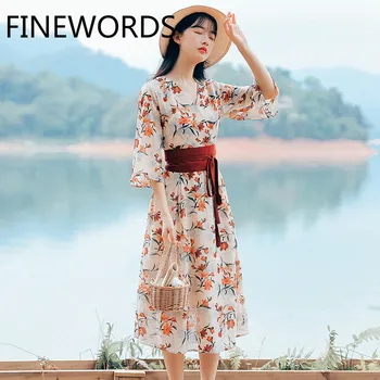 

FINEWORDS 2020 Fashion Floral Printed Chiffon Bohemian Dress Flare Sleeve Summer Beach Midi Dresses V Neck Elegant Vintage Dress