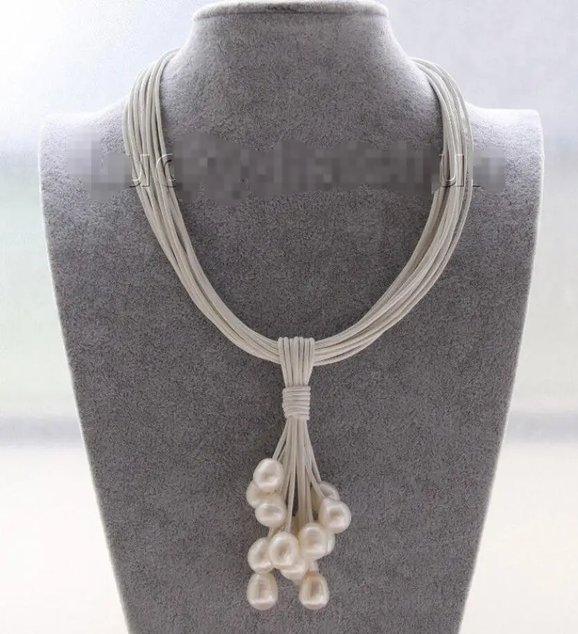 

hot sale Women Bridal Wedding Jewelry Choker 16" 15row 14mm white pearls white leather Pendant necklace j9548