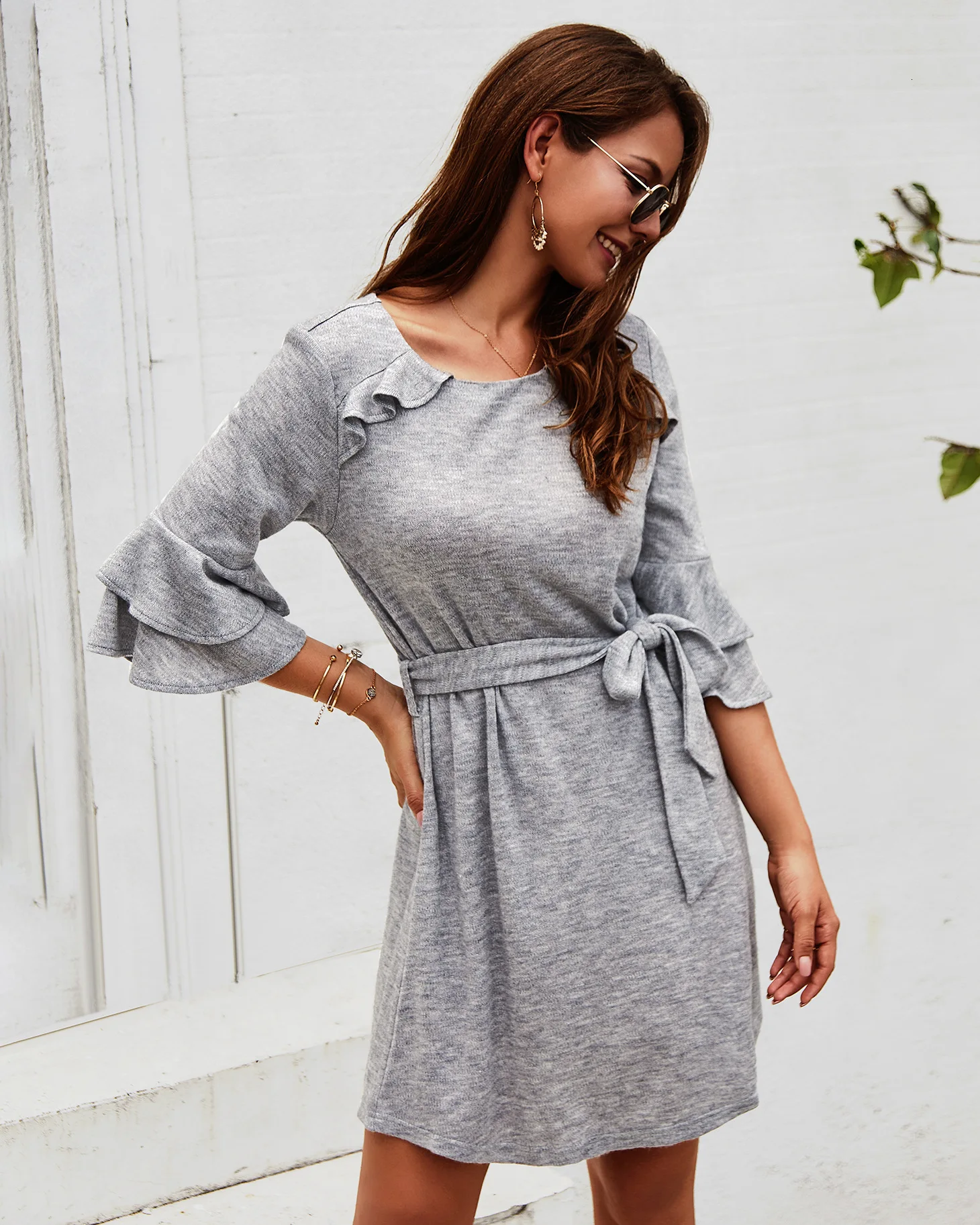 Uguest Office Lady Big Women Mini Dress Ruffles Cotton Sashes A-line Half Butterfly Sleeve Round Neck Empire Casual Summer Dress