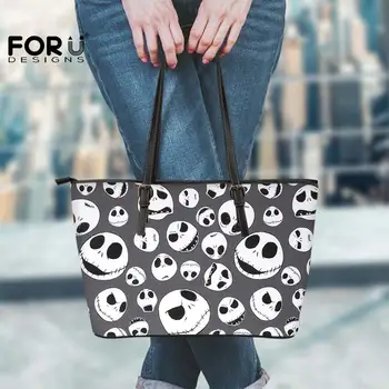 

FORUDESIGNS Grey Handbag Women Large Capacity Hand-bags Female The Nightmare Before Christmas Jack Skull Head Cartoon Pringting
