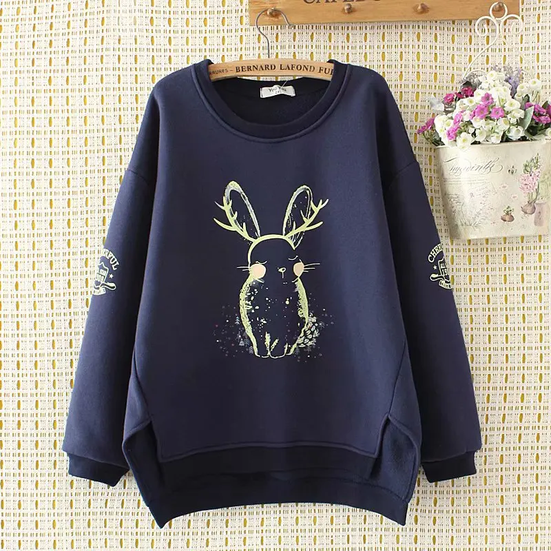 Тёмно-синий Oversized Plus Size With Velvet Rabbit Print Hoodies Women Sweatshirt Autumn Winter Cotton Ladies Pullover - Цвет: Тёмно-синий