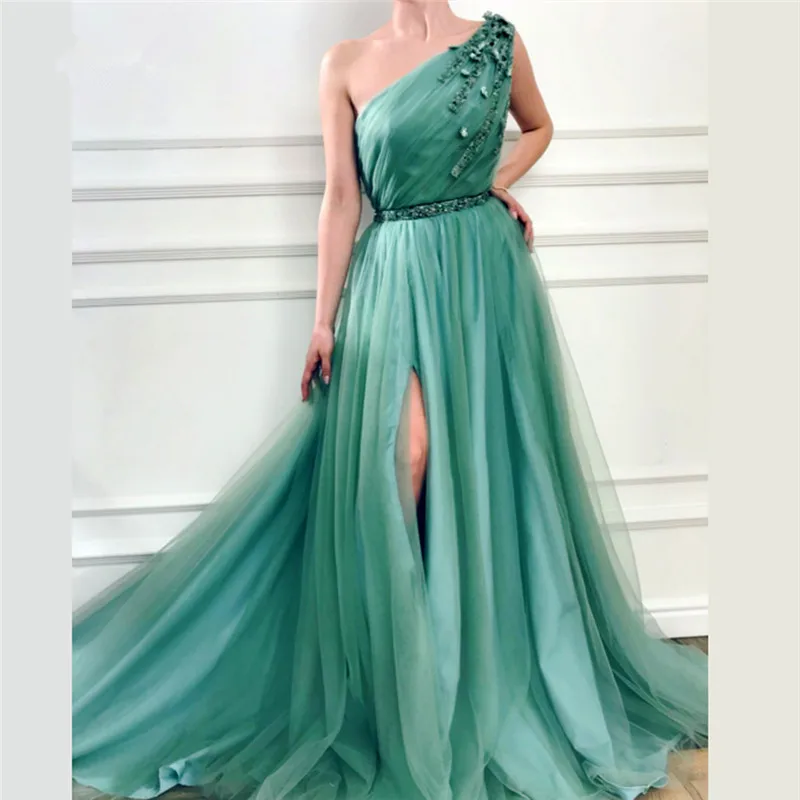 one shoulder green gown