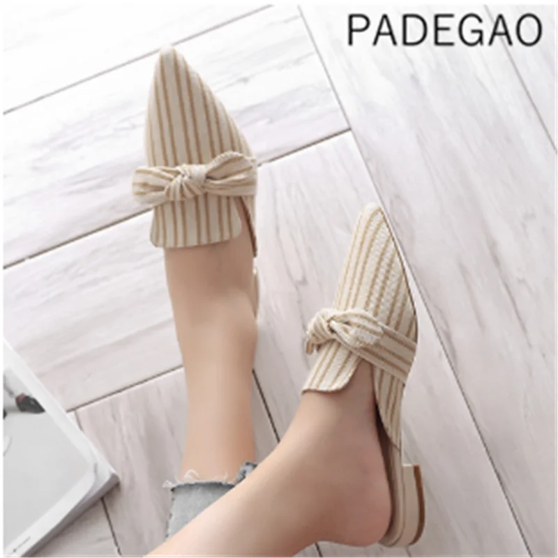 Casual Spring Pointed Toe Butterful-knot Womens Shoes Comfort Low Heel Mules Shoes Black - Цвет: Бежевый