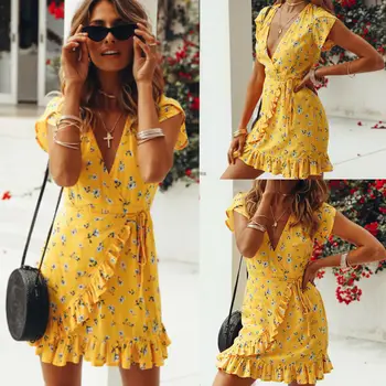 

Women V Neck Holiday Casual Small Floral Printed Mini Sun Dress Frill Ladies Summer Beach Print Floral Paisley Dress With Sashes