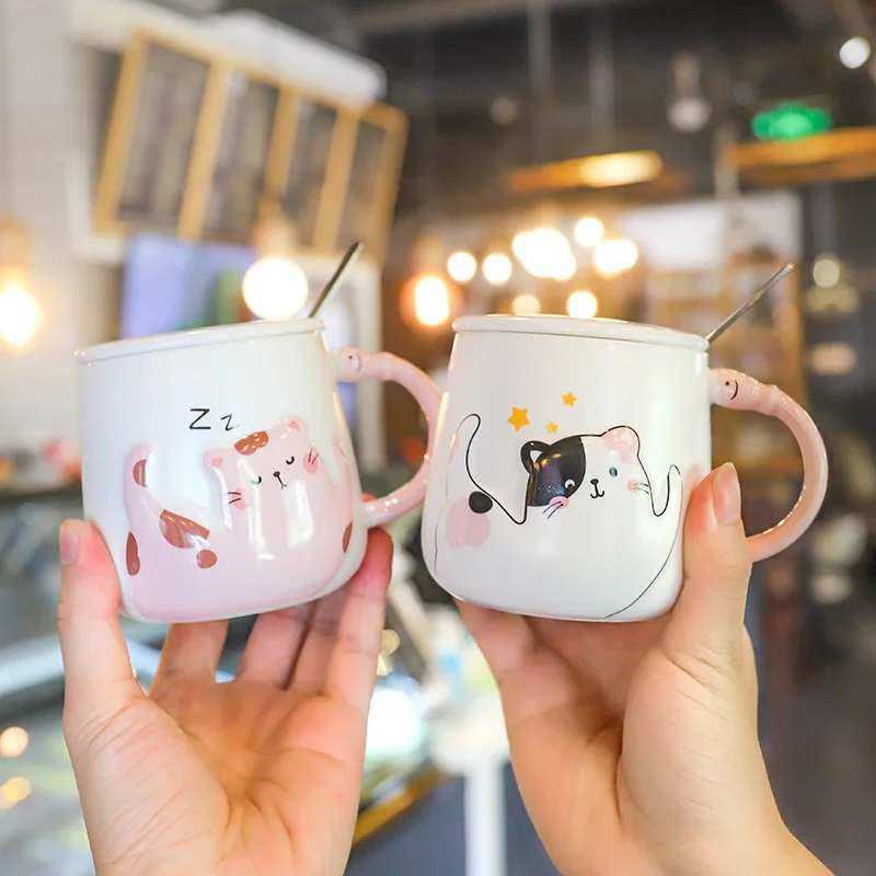 

350ml Creative Cartoon Cat with Lid Spoon Ceramic Cup Female Cute Office Tea Coffee Cup Student Couple Breakfast Cup