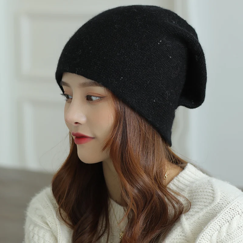

Women Rabbit Fur Blend Beanies Hats Autumn Winter Thick Double Layer Warm Skullies Caps Earflap Cap Windproof Elastic 4 Colors