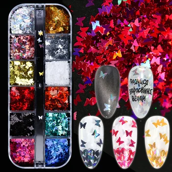 

3D Mirror Metal Butterfly Nail Sequins Holographic Nail Glitter Mixed 12 Colors Thin Sparkly Flakes Nail Art Decoration LY1558
