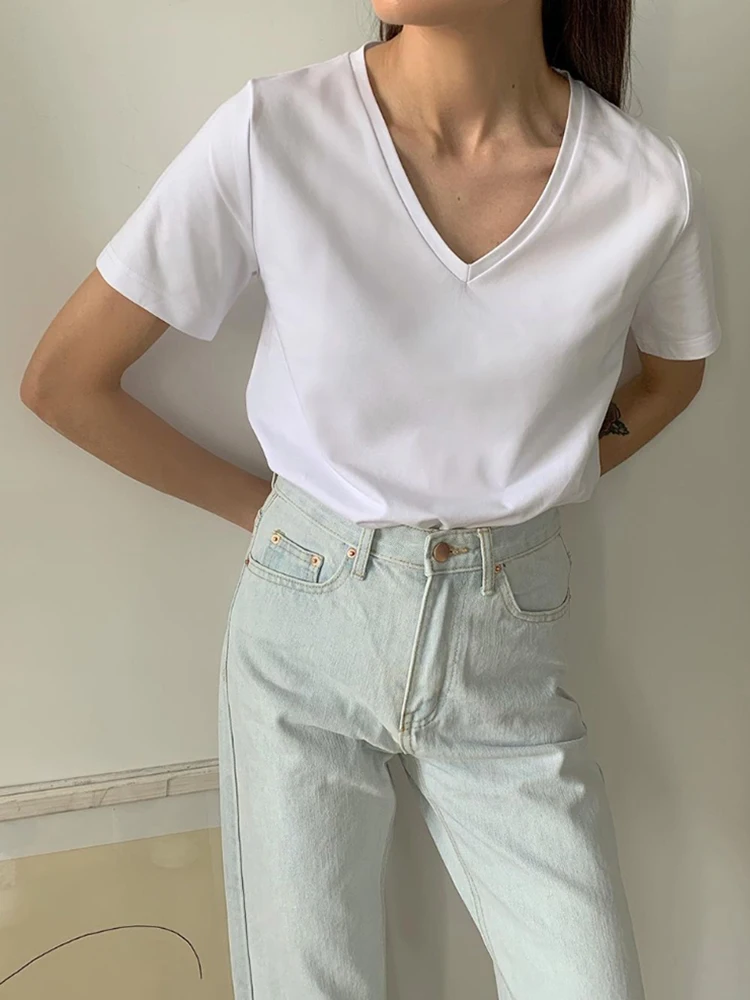 WOTWOY Summer Knitted V-Neck T-Shirt Women Cotton Basic Solid Tee Shirt Female Short Sleeve Kintwear Tops Harajuku Tshirt Ladies