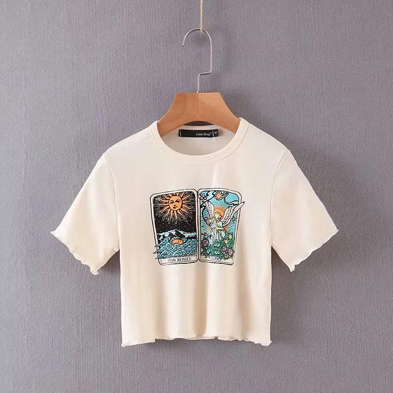 Linjiashop Tarot Card Short Sleeve Cropped Lettuce Hem Sexy Summer T-shirt for Girls O-Neck Graphic Tees Pullovers