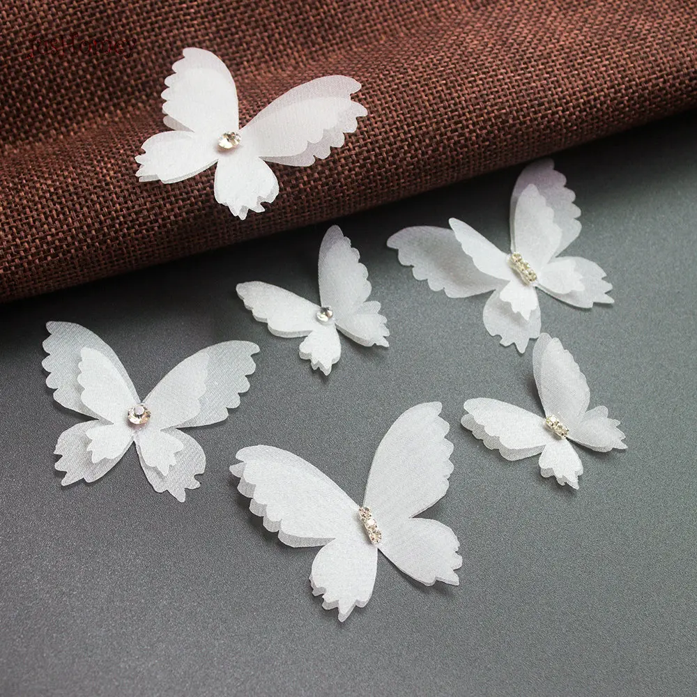 

100PCS white Organza Fabric Butterfly Appliques 45mm Double-Layer Translucent Chiffon Butterfly for Wedding Party Decor