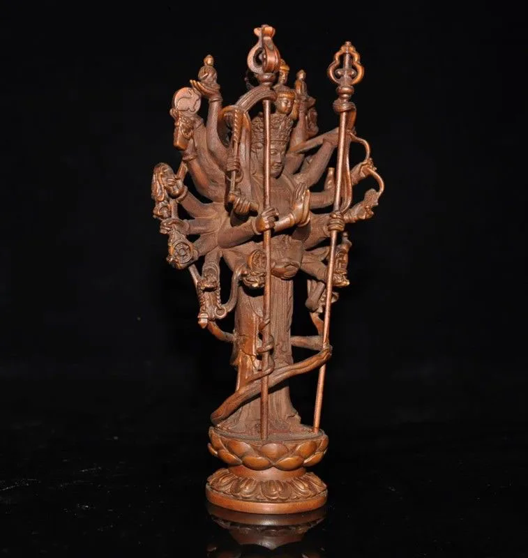 Свадебное украшение " Тибет Самшит резьба 1000 руки Avalokitesvara Kwan-Yin Будда Гуаньинь статуя