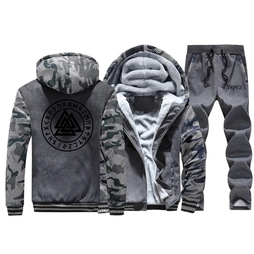 Dark Gray 1 Odin Vikings Symbols, толстая толстовка с капюшоном+ штаны, комплект из 2 предметов, мужские зимние камуфляжные толстовки, флисовая куртка, костюм в стиле хип-хоп, спортивный костюм - Цвет: Dark Gray 1