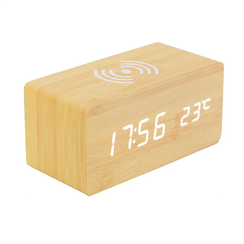 Bamboo wood Многофункциональный Будильник Беспроводное зарядное устройство деревянные часы для Apple samsung huawei смартфон - Цвет: Bamboo wood